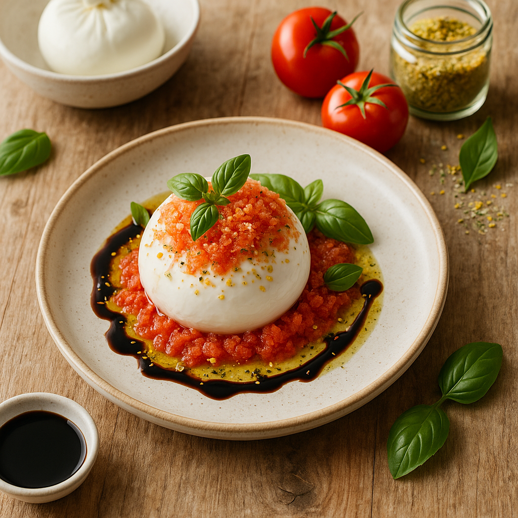 Burrata met Geraspte Bevroren Tomaat en Salty Lemon Kruidenmix