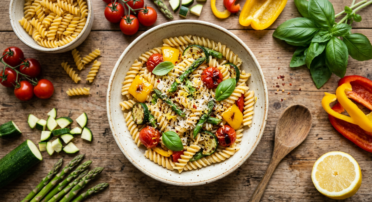 Vegetarische pasta met gegrilde groenten