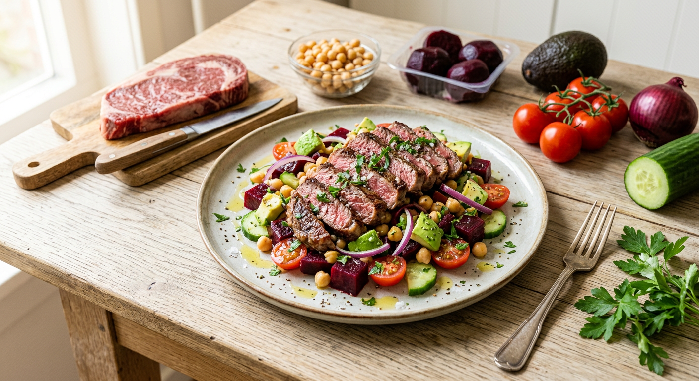 Rode bieten salade met Wagyu Ribeye
