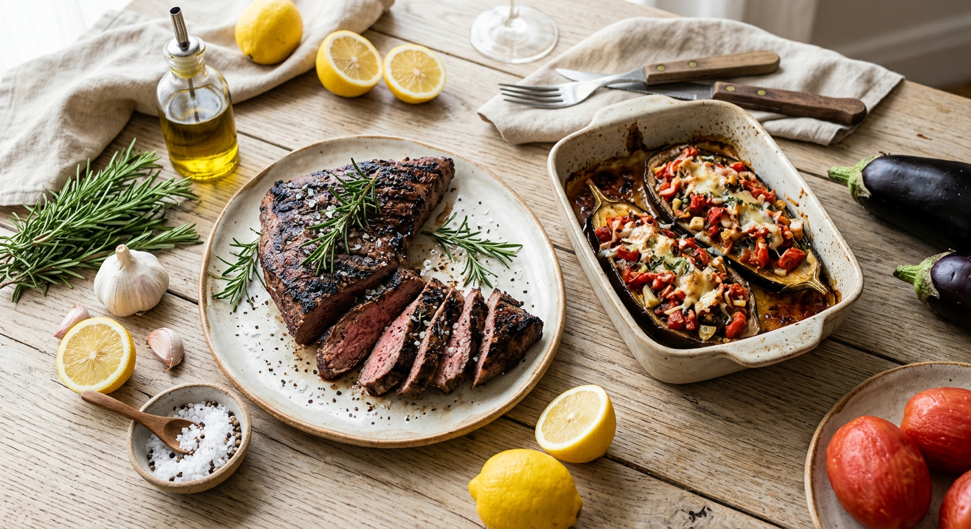 Tri tip (maminha) van de BBQ met gevulde aubergine