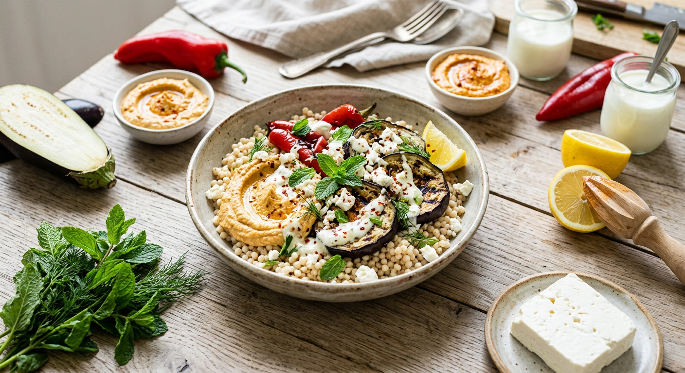 Gegrilde aubergine salade met couscous en hummus