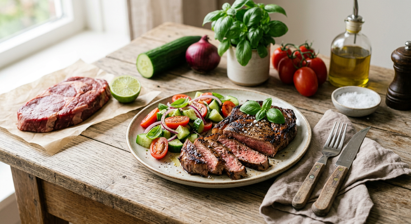 Chuck eye steak van de BBQ met zomerse salade
