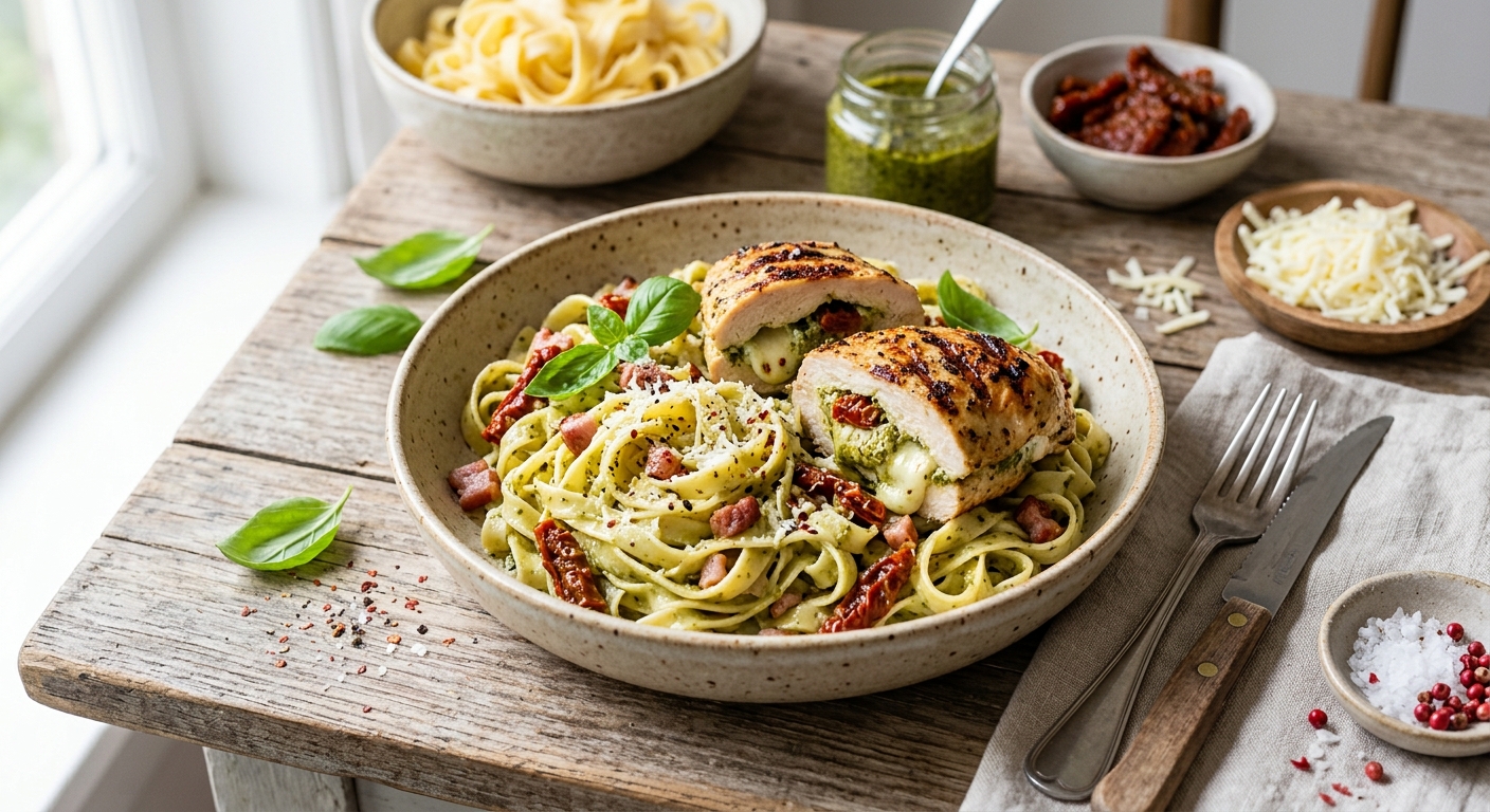 Tagliatelle met Gevulde Pesto Kipfilet van de BBQ