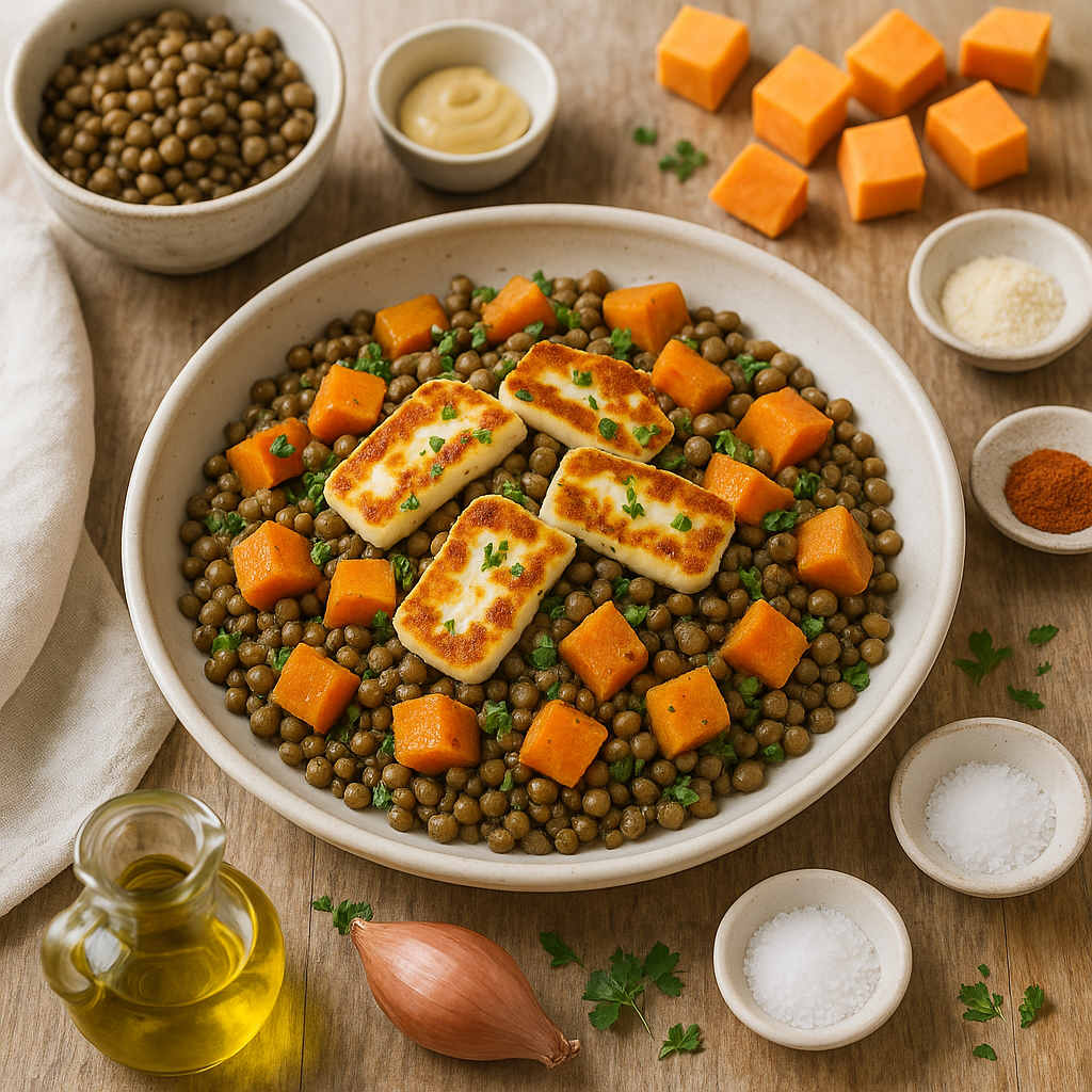 Linzen- en Zoete Aardappelsalade met Halloumi